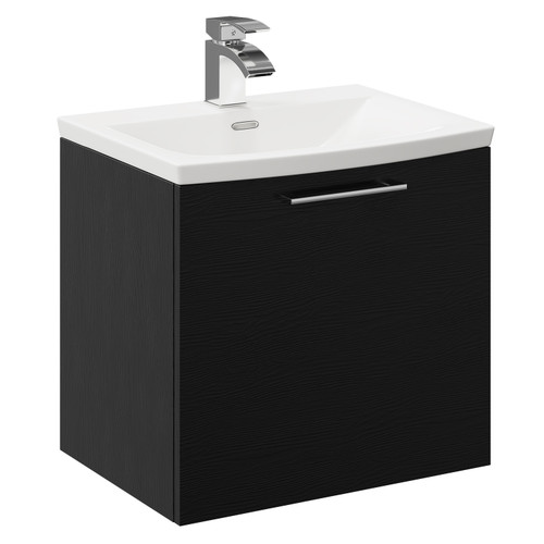 Napoli Nero Oak 500mm Wall Mounted Vanity Unit with 1 Tap Hole Curved Basin and Single Drawer with Polished Chrome Handle Left Hand View