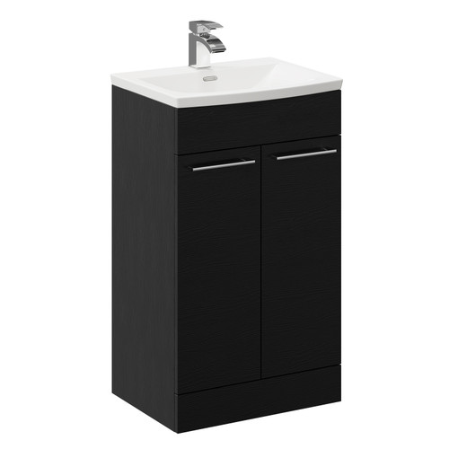 Napoli Nero Oak 500mm Floor Standing Vanity Unit with 1 Tap Hole Curved Basin and 2 Doors with Polished Chrome Handles Left Hand View