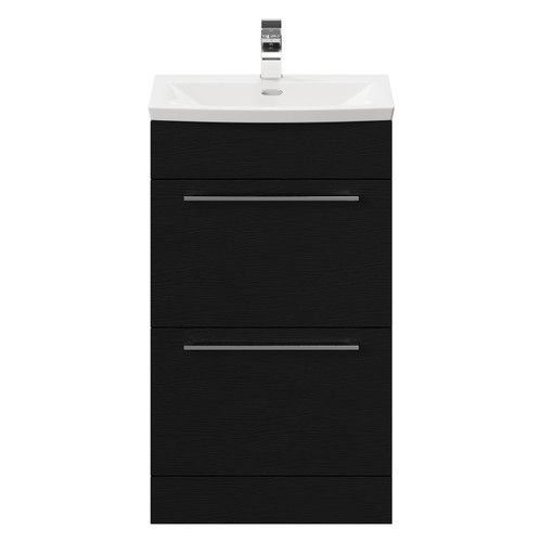 Napoli Nero Oak 500mm Floor Standing Vanity Unit with 1 Tap Hole Curved Basin and 2 Drawers with Polished Chrome Handles Front View