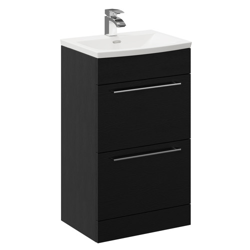 Napoli Nero Oak 500mm Floor Standing Vanity Unit with 1 Tap Hole Curved Basin and 2 Drawers with Polished Chrome Handles Left Hand View