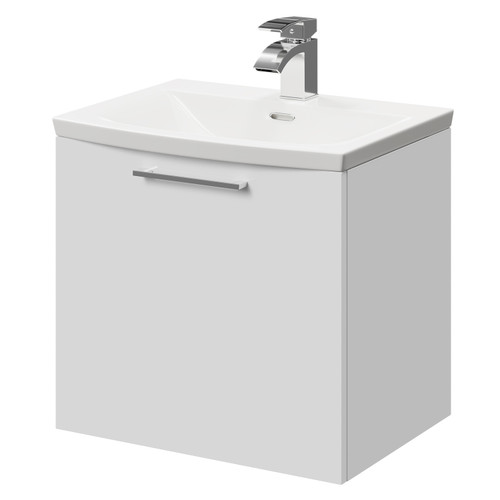 Napoli Gloss White 500mm Wall Mounted Vanity Unit with 1 Tap Hole Curved Basin and Single Drawer with Polished Chrome Handle Right Hand View