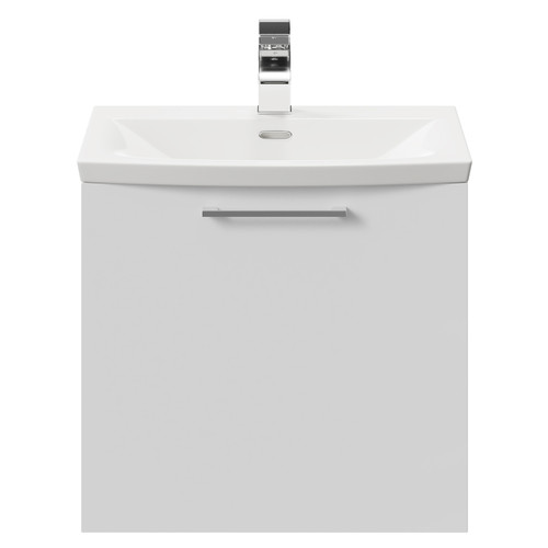 Napoli Gloss White 500mm Wall Mounted Vanity Unit with 1 Tap Hole Curved Basin and Single Drawer with Polished Chrome Handle Front View