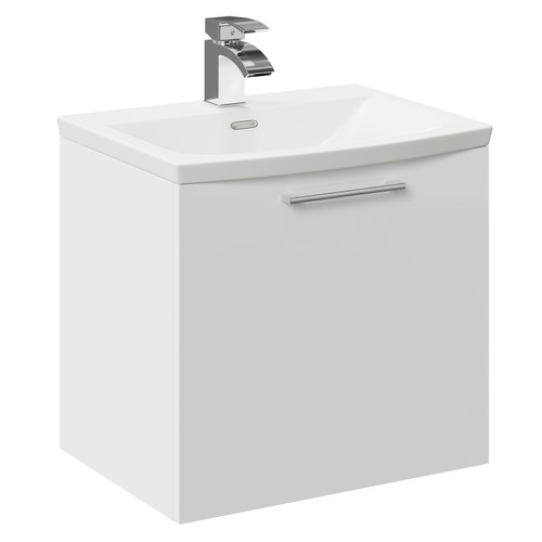 Napoli Gloss White 500mm Wall Mounted Vanity Unit with 1 Tap Hole Curved Basin and Single Drawer with Polished Chrome Handle Left Hand View