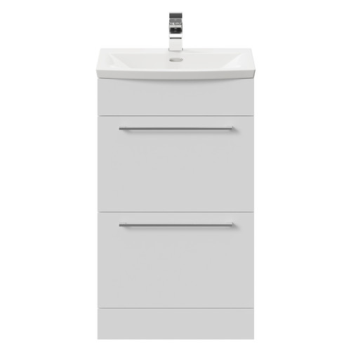 Napoli Gloss White 500mm Floor Standing Vanity Unit with 1 Tap Hole Curved Basin and 2 Drawers with Polished Chrome Handles Front View