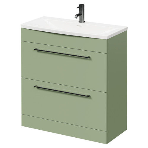 Napoli Olive Green 800mm Floor Standing Vanity Unit with 1 Tap Hole Curved Basin and 2 Drawers with Gunmetal Grey Handles Right Hand View