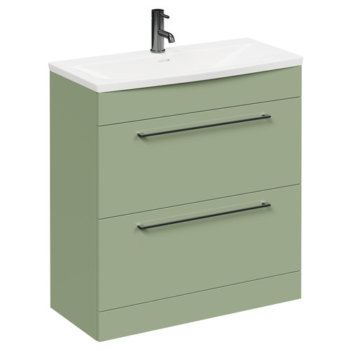 Napoli Olive Green 800mm Floor Standing Vanity Unit with 1 Tap Hole Curved Basin and 2 Drawers with Gunmetal Grey Handles Left Hand View