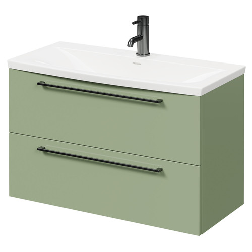 Napoli Olive Green 800mm Wall Mounted Vanity Unit with 1 Tap Hole Curved Basin and 2 Drawers with Gunmetal Grey Handles Right Hand View