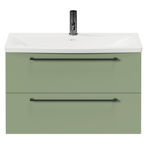 Napoli Olive Green 800mm Wall Mounted Vanity Unit with 1 Tap Hole Curved Basin and 2 Drawers with Gunmetal Grey Handles Front View