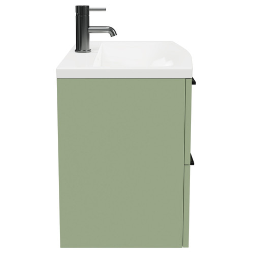 Napoli Olive Green 800mm Wall Mounted Vanity Unit with 1 Tap Hole Curved Basin and 2 Drawers with Gunmetal Grey Handles Side View