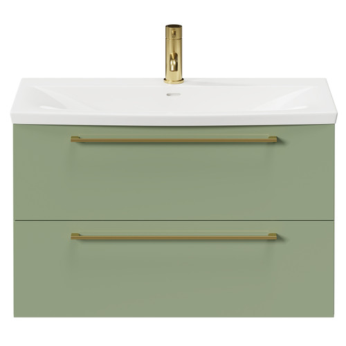 Napoli Olive Green 800mm Wall Mounted Vanity Unit with 1 Tap Hole Curved Basin and 2 Drawers with Brushed Brass Handles Front View