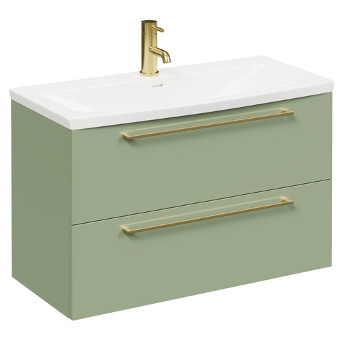 Napoli Olive Green 800mm Wall Mounted Vanity Unit with 1 Tap Hole Curved Basin and 2 Drawers with Brushed Brass Handles Left Hand View