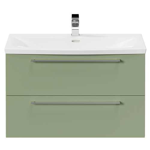 Napoli Olive Green 800mm Wall Mounted Vanity Unit with 1 Tap Hole Curved Basin and 2 Drawers with Polished Chrome Handles Front View