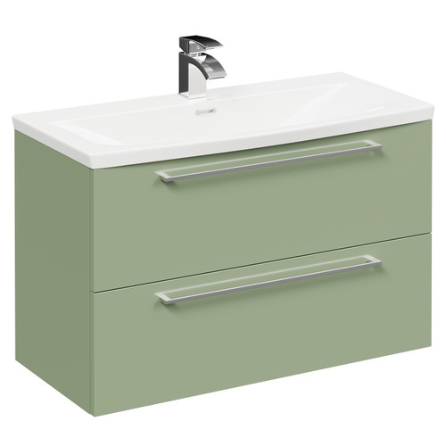 Napoli Olive Green 800mm Wall Mounted Vanity Unit with 1 Tap Hole Curved Basin and 2 Drawers with Polished Chrome Handles Left Hand View