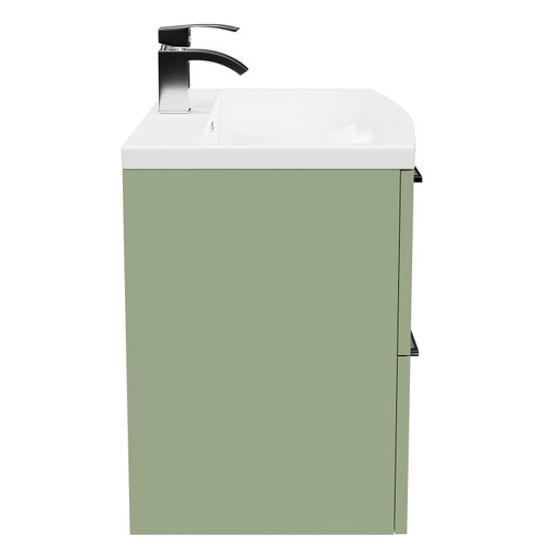 Napoli Olive Green 800mm Wall Mounted Vanity Unit with 1 Tap Hole Curved Basin and 2 Drawers with Polished Chrome Handles Side View