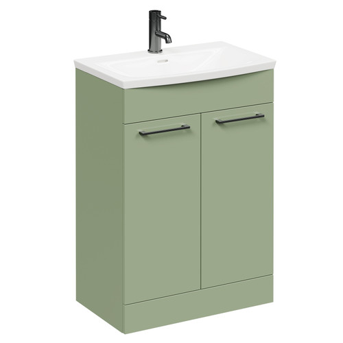 Napoli Olive Green 600mm Floor Standing Vanity Unit with 1 Tap Hole Curved Basin and 2 Doors with Gunmetal Grey Handles Left Hand View