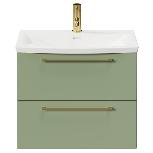 Napoli Olive Green 600mm Wall Mounted Vanity Unit with 1 Tap Hole Curved Basin and 2 Drawers with Brushed Brass Handles Front View