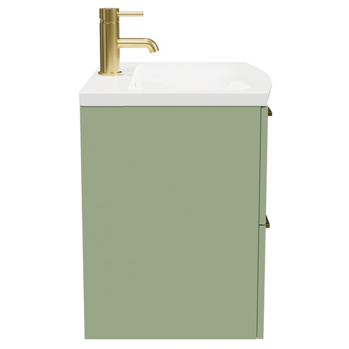 Napoli Olive Green 600mm Wall Mounted Vanity Unit with 1 Tap Hole Curved Basin and 2 Drawers with Brushed Brass Handles Side View