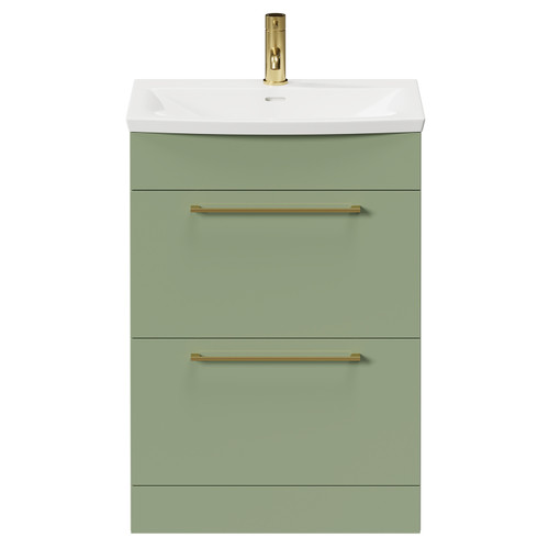 Napoli Olive Green 600mm Floor Standing Vanity Unit with 1 Tap Hole Curved Basin and 2 Drawers with Brushed Brass Handles Front View