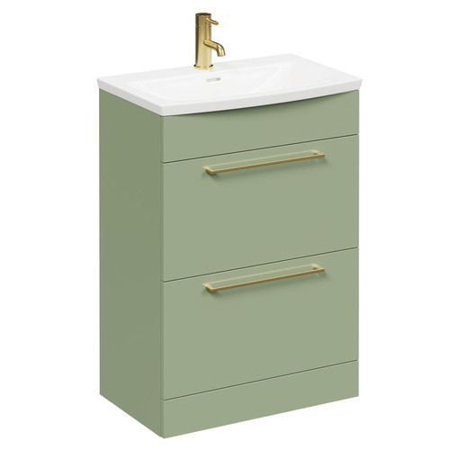 Napoli Olive Green 600mm Floor Standing Vanity Unit with 1 Tap Hole Curved Basin and 2 Drawers with Brushed Brass Handles Left Hand View