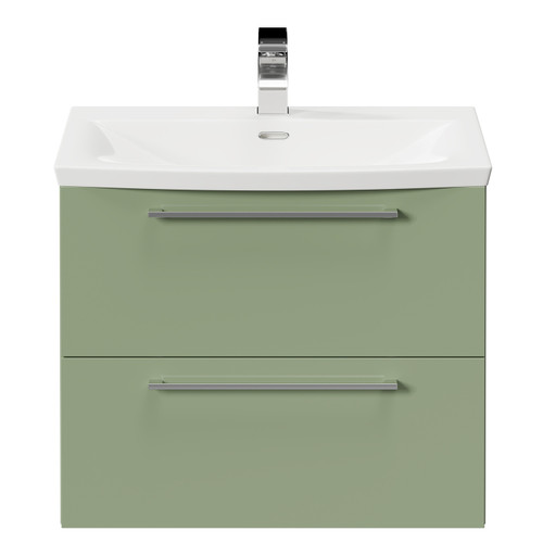 Napoli Olive Green 600mm Wall Mounted Vanity Unit with 1 Tap Hole Curved Basin and 2 Drawers with Polished Chrome Handles Front View