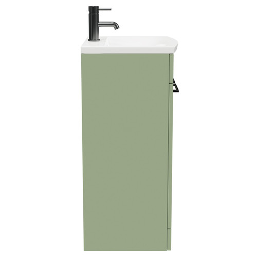 Napoli Olive Green 500mm Floor Standing Vanity Unit with 1 Tap Hole Curved Basin and 2 Doors with Gunmetal Grey Handles Side View