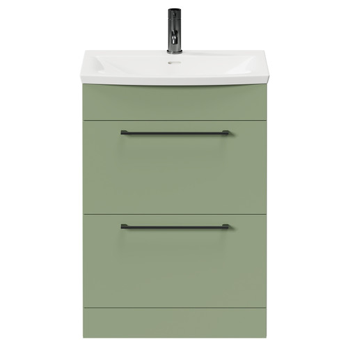 Napoli Olive Green 600mm Floor Standing Vanity Unit with 1 Tap Hole Curved Basin and 2 Drawers with Gunmetal Grey Handles Front View