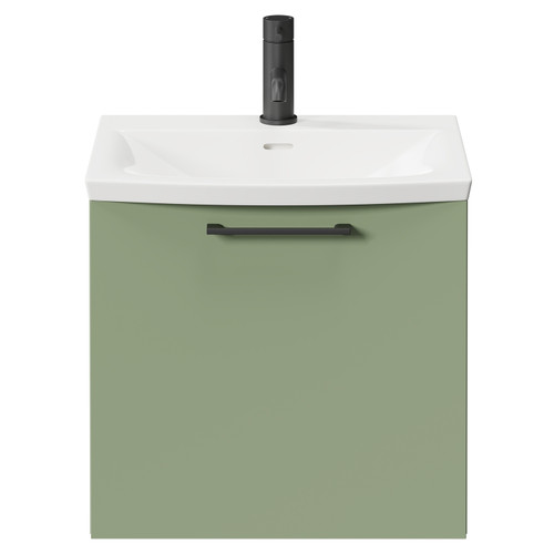 Napoli Olive Green 500mm Wall Mounted Vanity Unit with 1 Tap Hole Curved Basin and Single Drawer with Matt Black Handle Front View