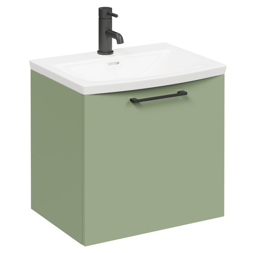 Napoli Olive Green 500mm Wall Mounted Vanity Unit with 1 Tap Hole Curved Basin and Single Drawer with Matt Black Handle Left Hand View