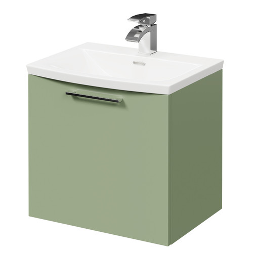 Napoli Olive Green 500mm Wall Mounted Vanity Unit with 1 Tap Hole Curved Basin and Single Drawer with Polished Chrome Handle Right Hand View