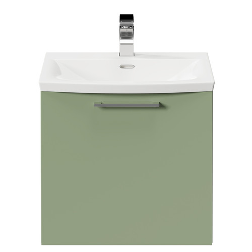 Napoli Olive Green 500mm Wall Mounted Vanity Unit with 1 Tap Hole Curved Basin and Single Drawer with Polished Chrome Handle Front View