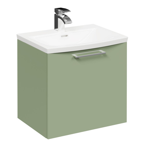 Napoli Olive Green 500mm Wall Mounted Vanity Unit with 1 Tap Hole Curved Basin and Single Drawer with Polished Chrome Handle Left Hand View