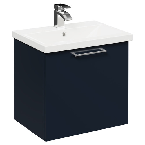 Napoli Deep Blue 500mm Wall Mounted Vanity Unit with 1 Tap Hole Basin and Single Drawer with Polished Chrome Handle Left Hand View