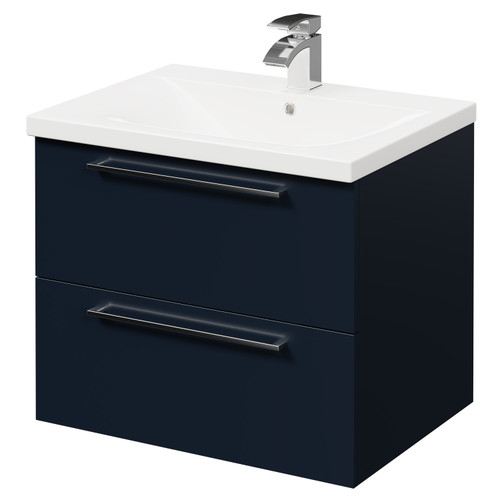 Napoli Deep Blue 600mm Wall Mounted Vanity Unit with 1 Tap Hole Basin and 2 Drawers with Polished Chrome Handles Right Hand View