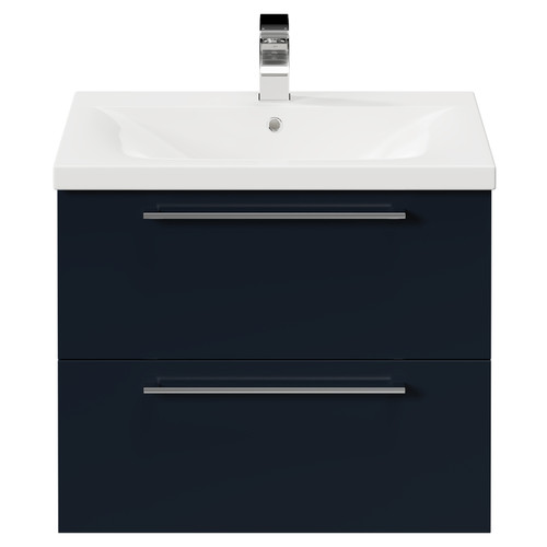 Napoli Deep Blue 600mm Wall Mounted Vanity Unit with 1 Tap Hole Basin and 2 Drawers with Polished Chrome Handles Front View