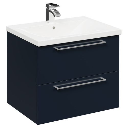 Napoli Deep Blue 600mm Wall Mounted Vanity Unit with 1 Tap Hole Basin and 2 Drawers with Polished Chrome Handles Left Hand View