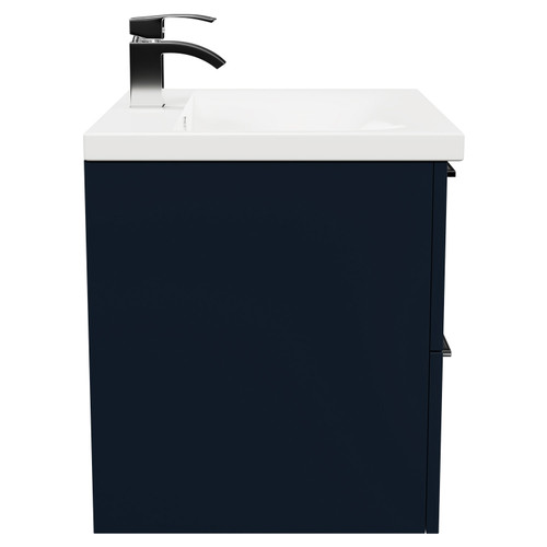 Napoli Deep Blue 600mm Wall Mounted Vanity Unit with 1 Tap Hole Basin and 2 Drawers with Polished Chrome Handles Side View