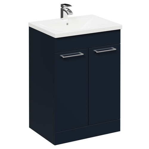 Napoli Deep Blue 600mm Floor Standing Vanity Unit with 1 Tap Hole Basin and 2 Doors with Polished Chrome Handles Left Hand View