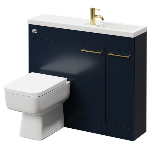 Napoli Combination Deep Blue 1000mm Vanity Unit Toilet Suite with Slimline 1 Tap Hole Basin and 2 Doors with Brushed Brass Handles Right Hand Side View