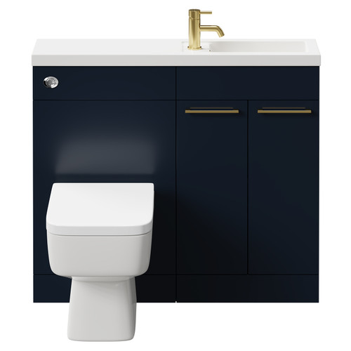 Napoli Combination Deep Blue 1000mm Vanity Unit Toilet Suite with Slimline 1 Tap Hole Basin and 2 Doors with Brushed Brass Handles Front View