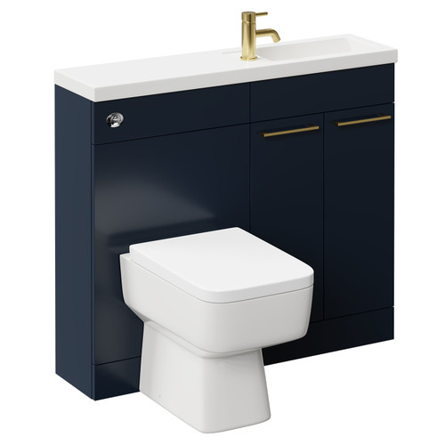 Napoli Combination Deep Blue 1000mm Vanity Unit Toilet Suite with Slimline 1 Tap Hole Basin and 2 Doors with Brushed Brass Handles Left Hand Side View