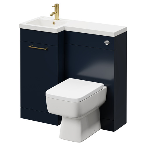 Napoli Combination Deep Blue 900mm Vanity Unit Toilet Suite with Left Hand L Shaped 1 Tap Hole Basin and Single Door with Brushed Brass Handle Right Hand Side View