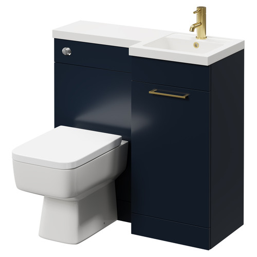 Napoli Combination Deep Blue 900mm Vanity Unit Toilet Suite with Right Hand L Shaped 1 Tap Hole Basin and Single Door with Brushed Brass Handle Right Hand Side View