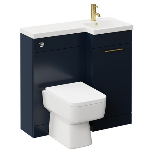 Napoli Combination Deep Blue 900mm Vanity Unit Toilet Suite with Right Hand L Shaped 1 Tap Hole Basin and Single Door with Brushed Brass Handle Left Hand Side View