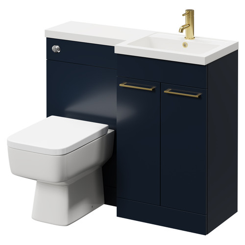 Napoli Combination Deep Blue 1000mm Vanity Unit Toilet Suite with Right Hand L Shaped 1 Tap Hole Basin and 2 Doors with Brushed Brass Handles Right Hand Side View