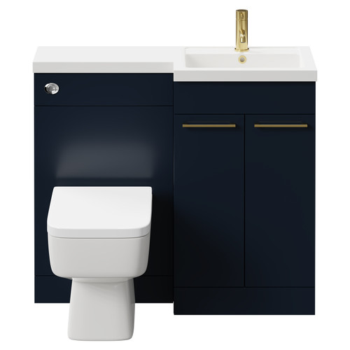 Napoli Combination Deep Blue 1000mm Vanity Unit Toilet Suite with Right Hand L Shaped 1 Tap Hole Basin and 2 Doors with Brushed Brass Handles Front View