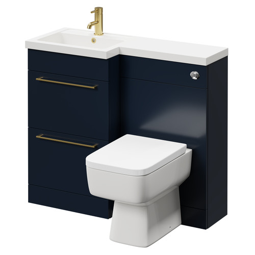 Napoli Combination Deep Blue 1000mm Vanity Unit Toilet Suite with Left Hand L Shaped 1 Tap Hole Basin and 2 Drawers with Brushed Brass Handles Right Hand Side View