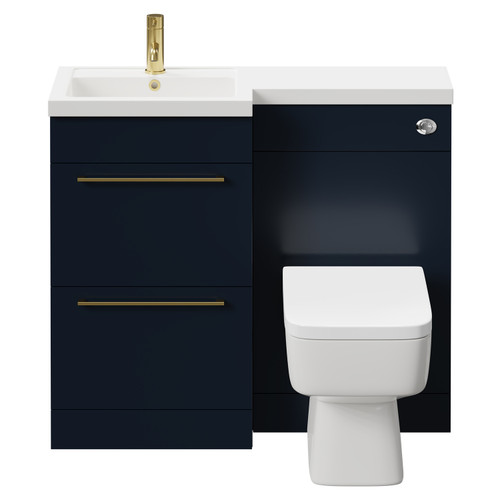 Napoli Combination Deep Blue 1000mm Vanity Unit Toilet Suite with Left Hand L Shaped 1 Tap Hole Basin and 2 Drawers with Brushed Brass Handles Front View