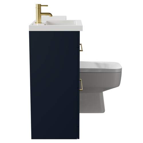 Napoli Combination Deep Blue 1000mm Vanity Unit Toilet Suite with Left Hand L Shaped 1 Tap Hole Basin and 2 Drawers with Brushed Brass Handles Side on View