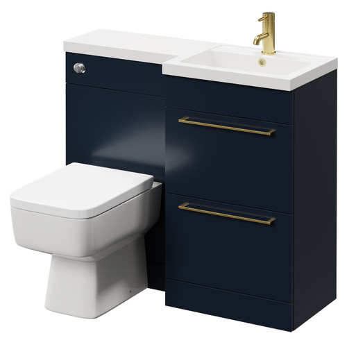 Napoli Combination Deep Blue 1000mm Vanity Unit Toilet Suite with Right Hand L Shaped 1 Tap Hole Basin and 2 Drawers with Brushed Brass Handles Right Hand Side View