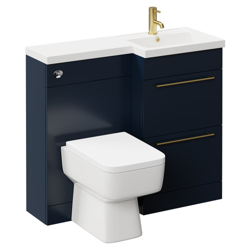 Napoli Combination Deep Blue 1000mm Vanity Unit Toilet Suite with Right Hand L Shaped 1 Tap Hole Basin and 2 Drawers with Brushed Brass Handles Left Hand Side View
